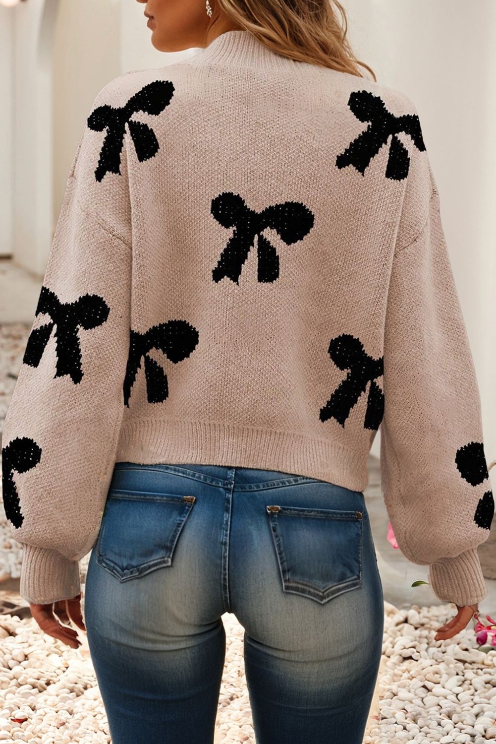 Pearl Embellished Bow Pattern Loose Sweater