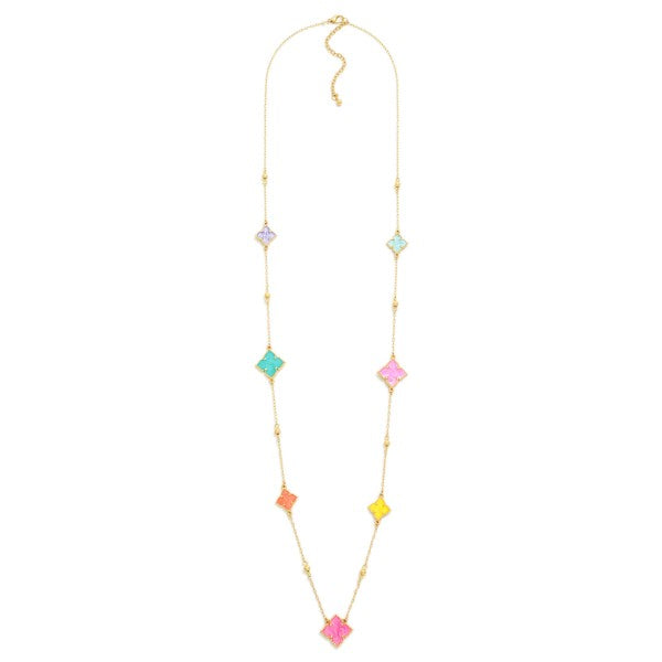 Long Chain Link Necklace Featuring Marbled Resin Clover Stations