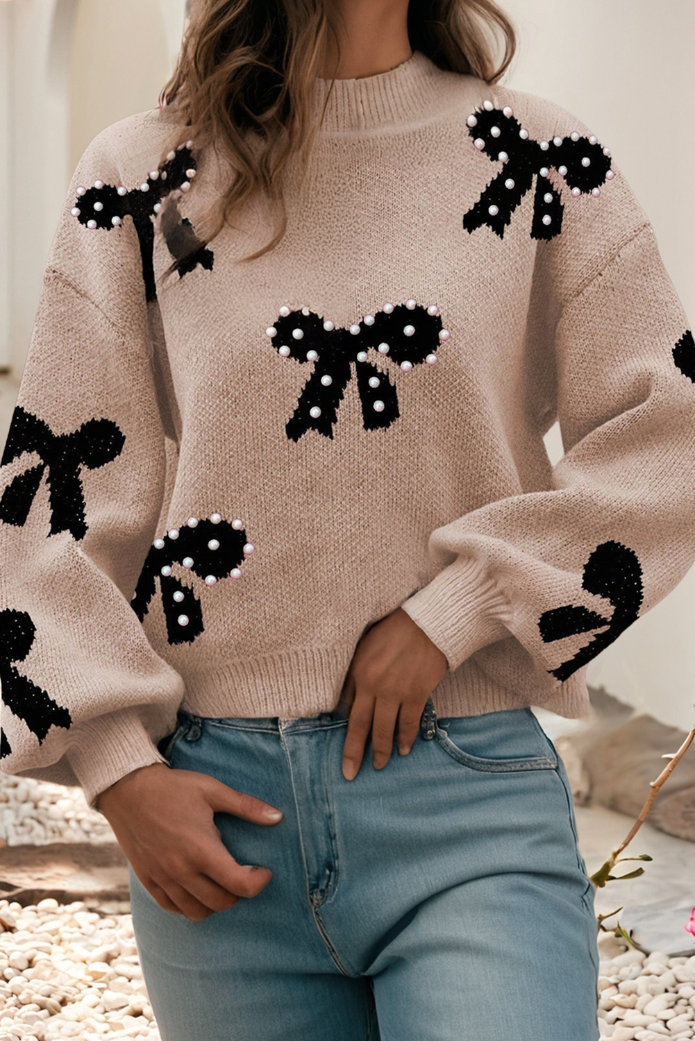 Pearl Embellished Bow Pattern Loose Sweater
