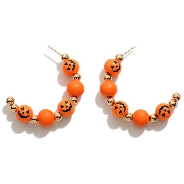 Beaded Halloween Hoop Earrings Featuring Jack-o'-Lantern