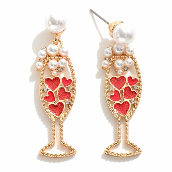 Glitter Heart Champagne Earrings Featuring Pearl Accents