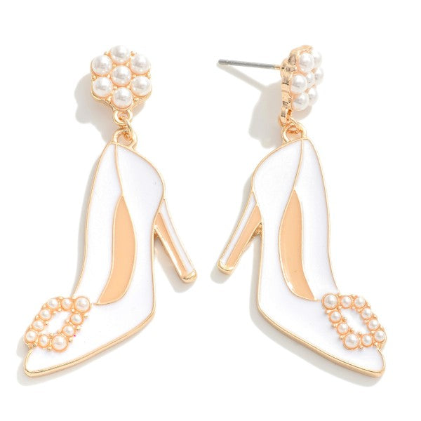 Enamel Wedding Heel Drop Earring With Pearl Accents