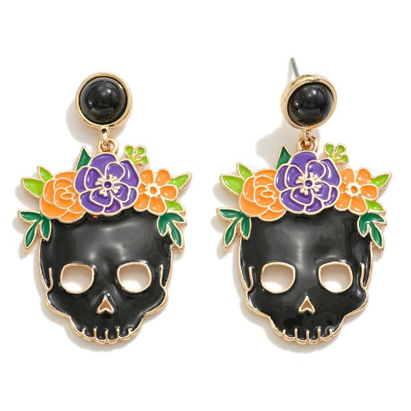 Flower Accented Halloween Skull Drop Earrings