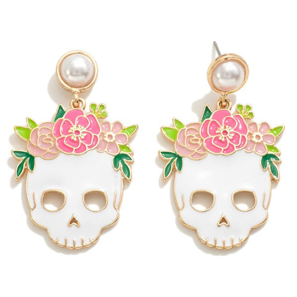Flower Accented Halloween Skull Drop Earrings