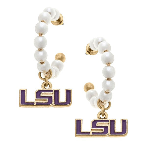 LSU Pearl Hoop Enamel Drop Earring