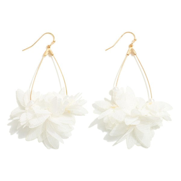 Metal Wire Teardrop Drop Earrings With Lace Flowers and Pearl Beads