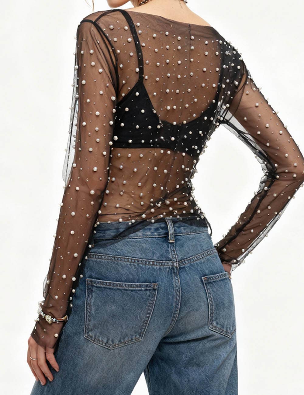 Pearl Rhinestone Studded Mesh Crop Top Black