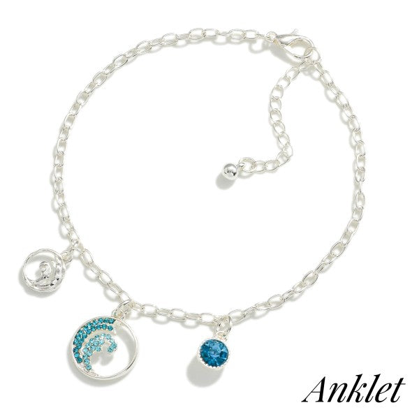 Silver Chain Link Anklet With Ocean Wave Charms