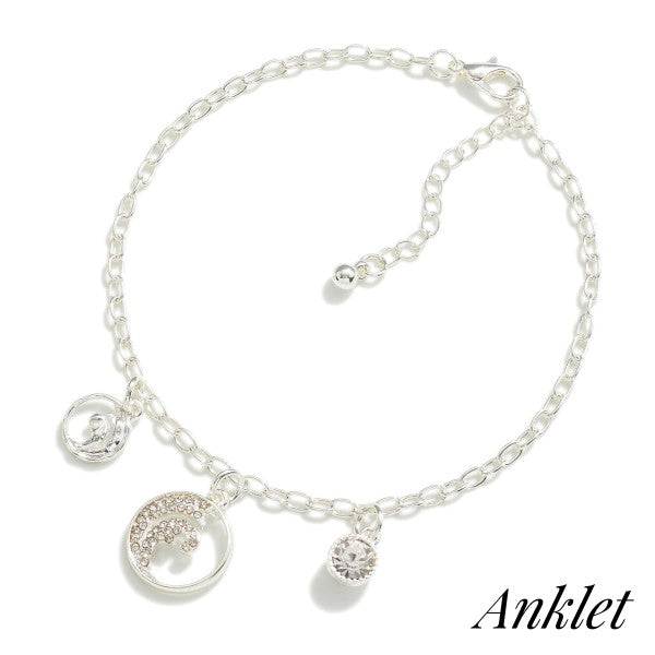 Silver Chain Link Anklet With Ocean Wave Charms
