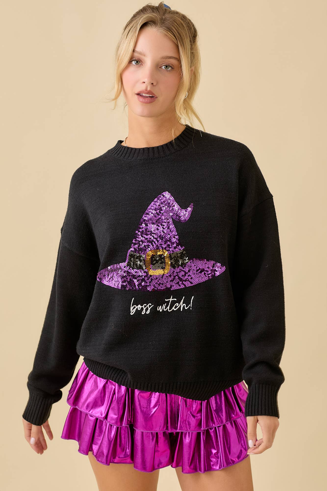 Sequin Halloween Witch Hat And Embroidery Sweater