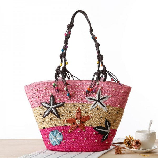 Striped Woven Straw Tote Bag