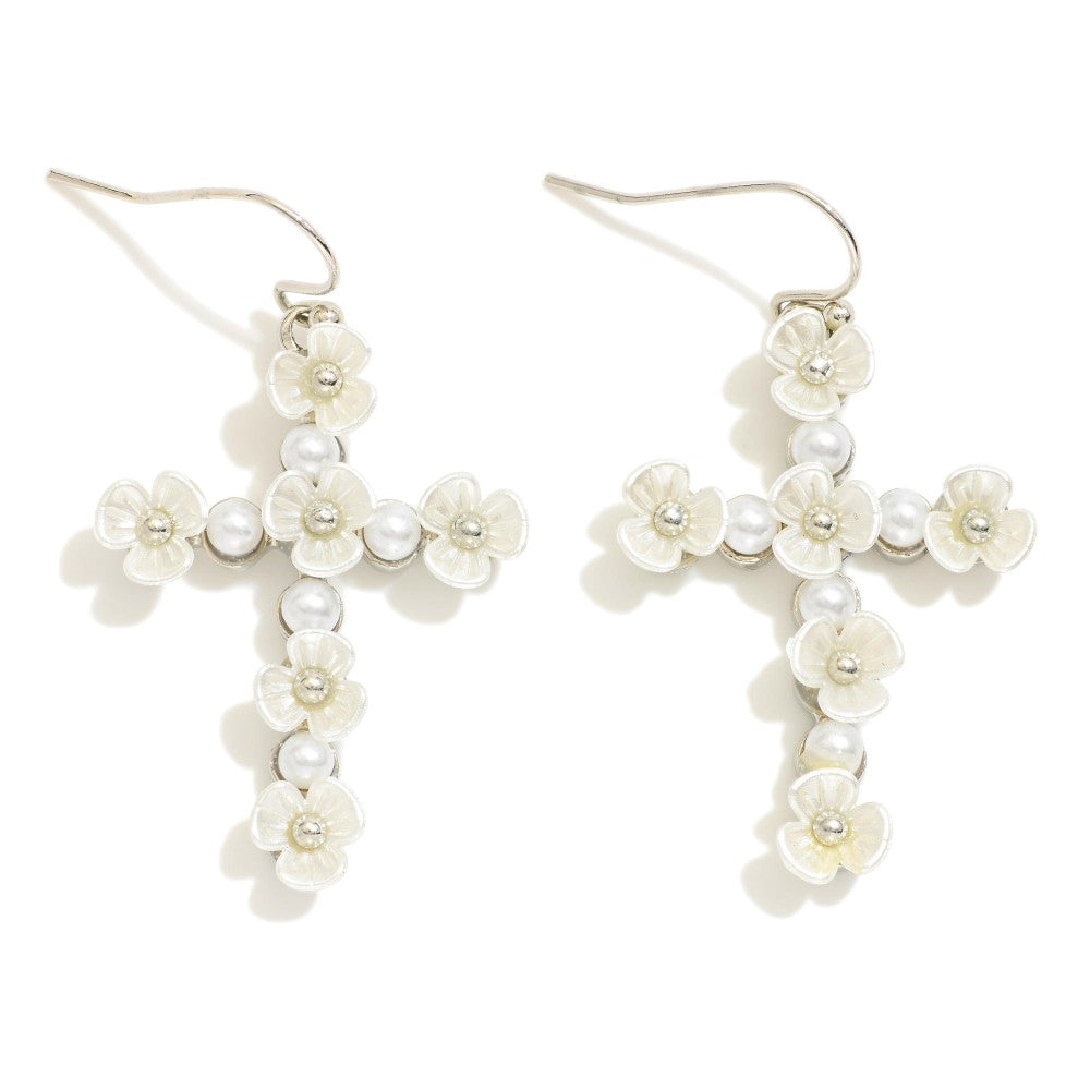 Pearl Flower Studded Cross Earrings