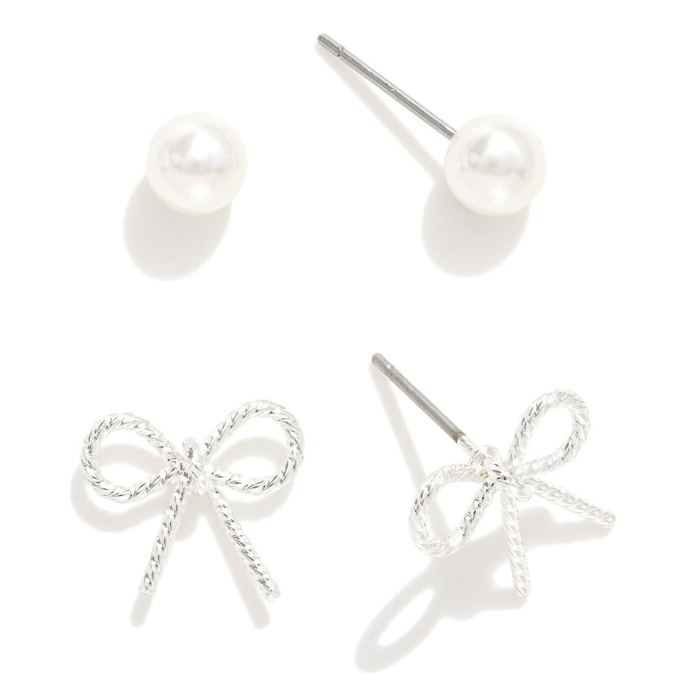 Set of Dainty Bow & Pearl Earrings