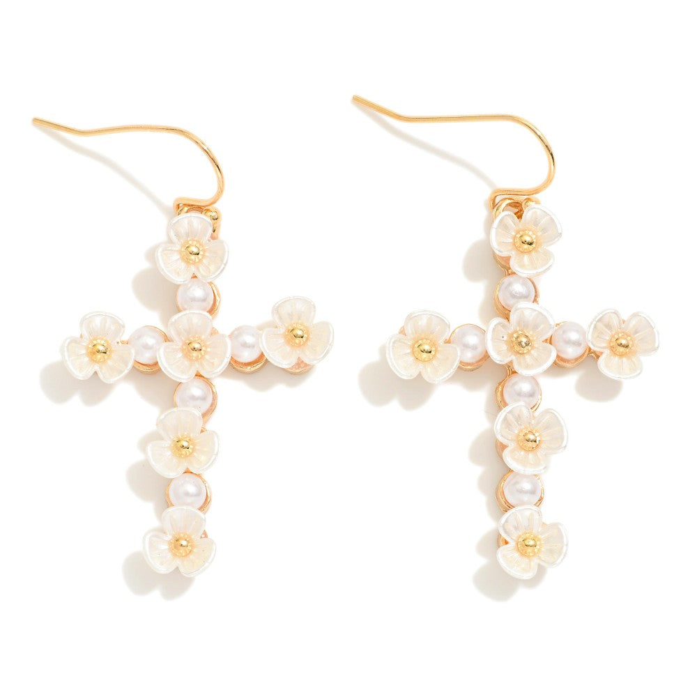 Pearl Flower Studded Cross Earrings