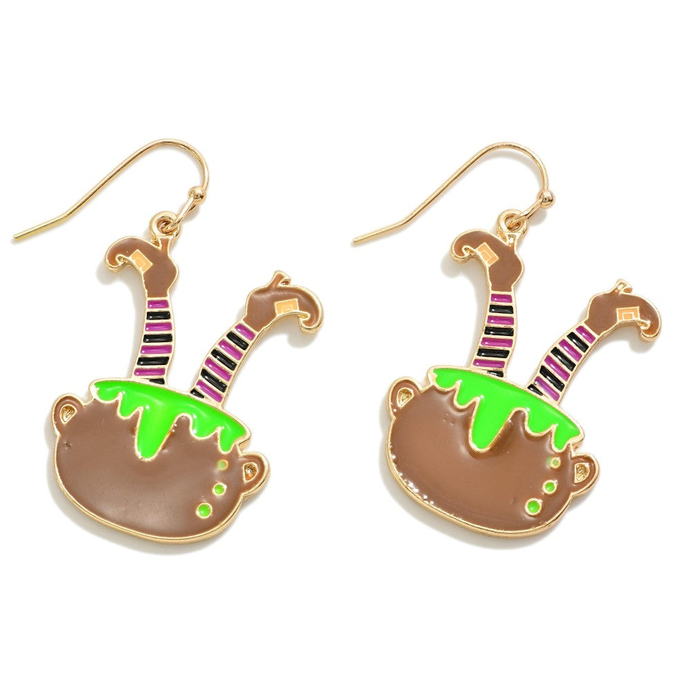 Enamel Witch in Cauldron Halloween Drop Earrings