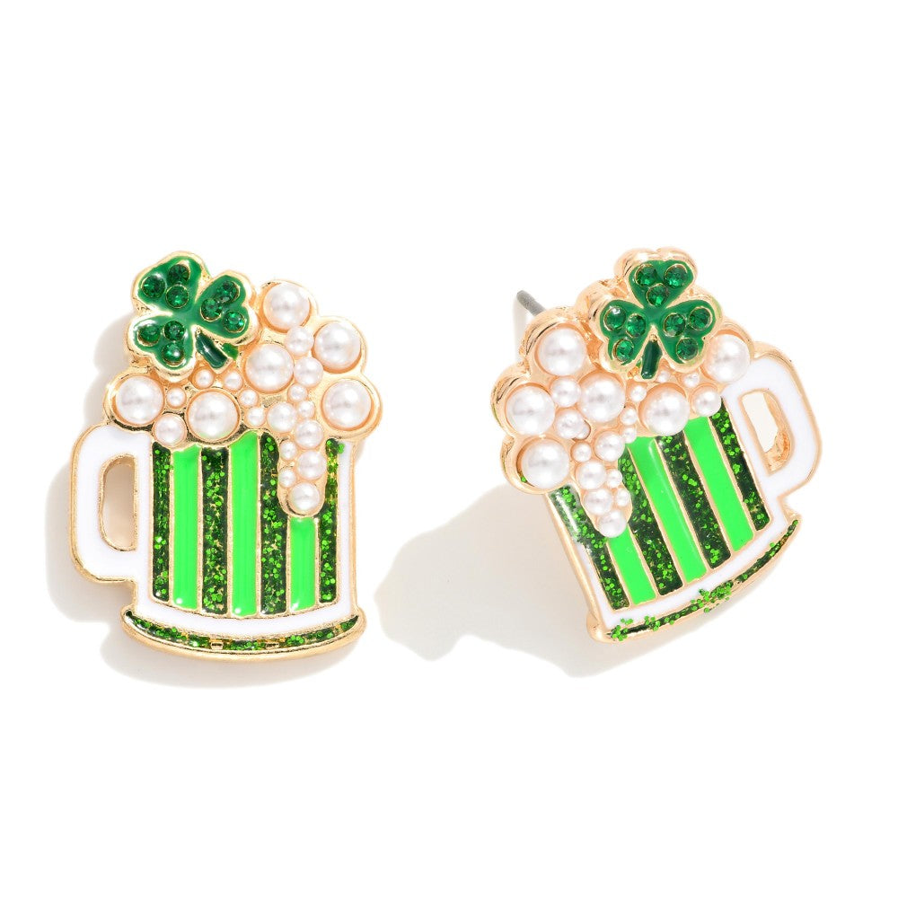 Foaming Beer Mug Stud Earrings With Pearl and Glitter Details