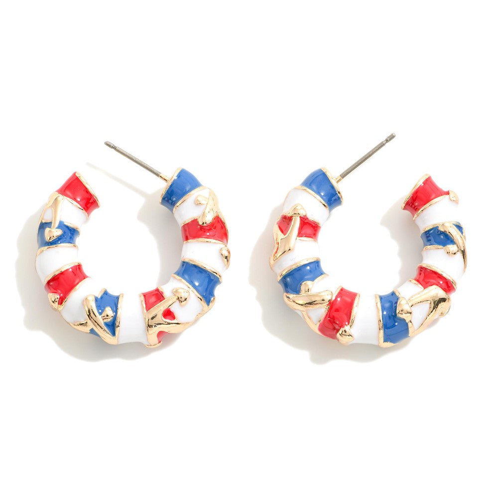 Enamel Coated Stripe Anchor Hoop Earrings