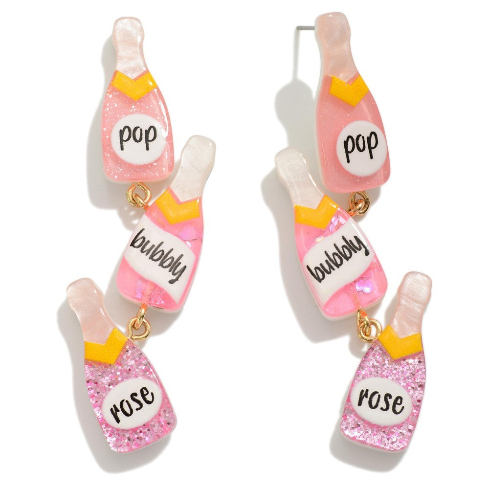 Linked Resin Glitter Champagne Bottle Drop Earrings