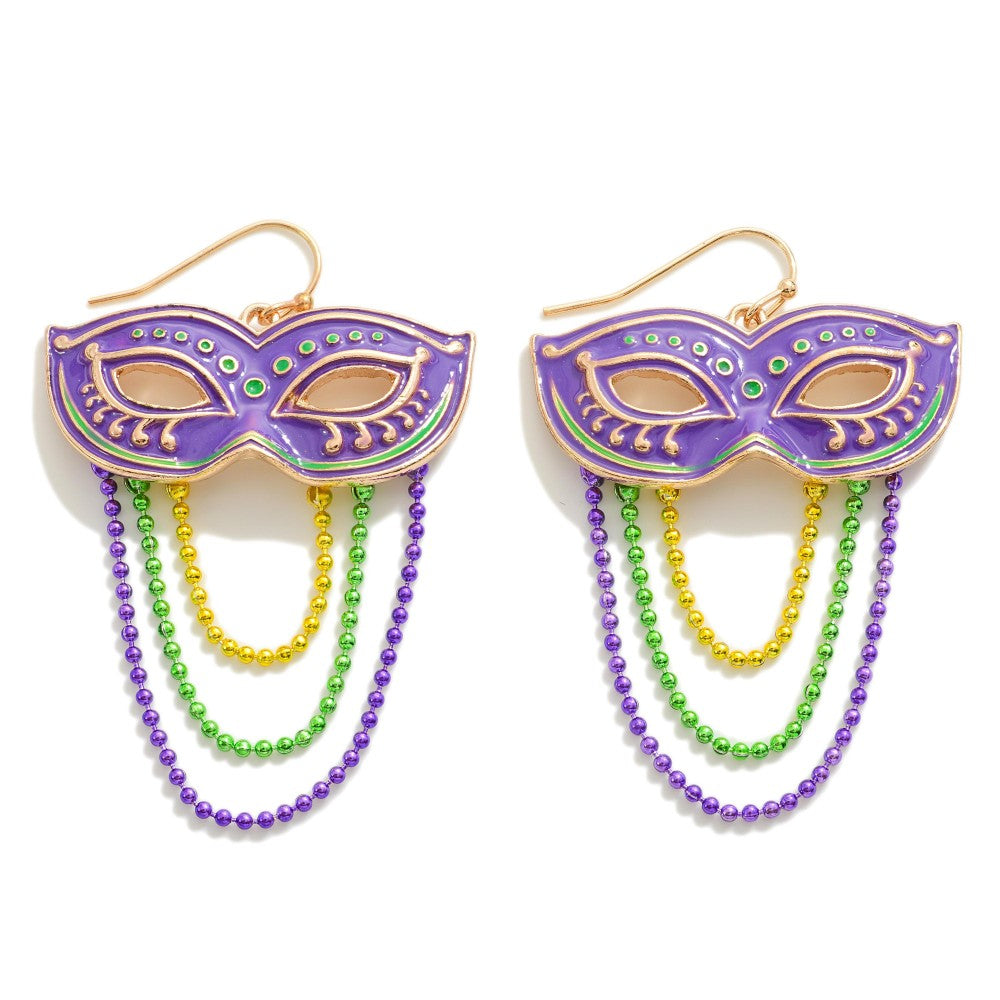 Mardi Gras Masquerade Mask Earrings With Beaded Tassels