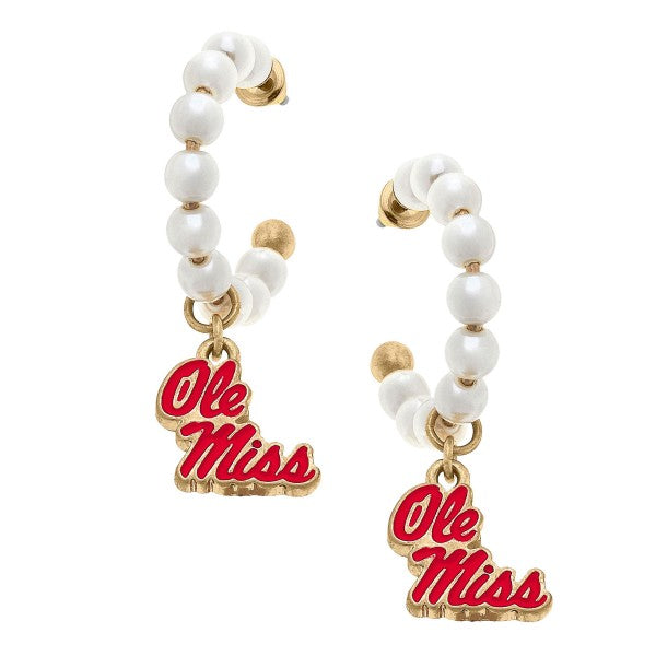 Ole Miss Pearl Hoop Enamel Drop Earring