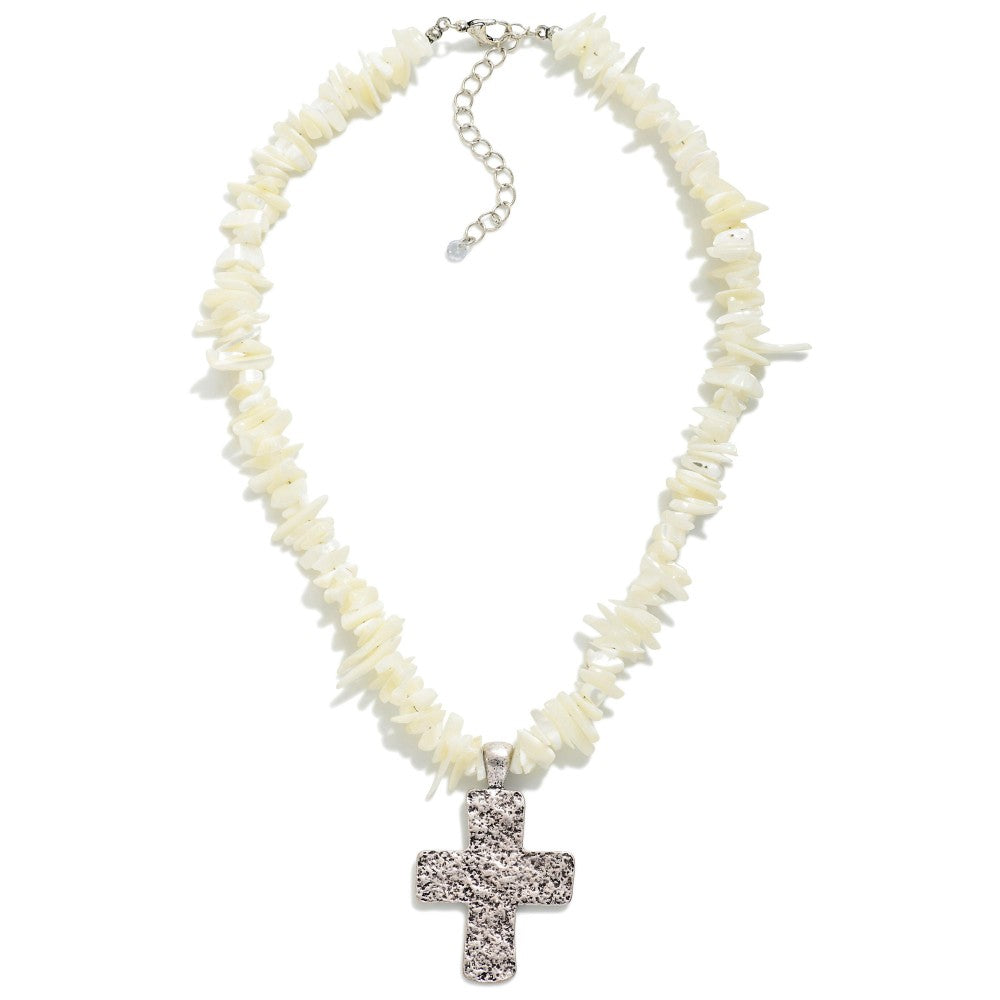 Puka Stone Beaded Necklace With Silver Cross Pendant