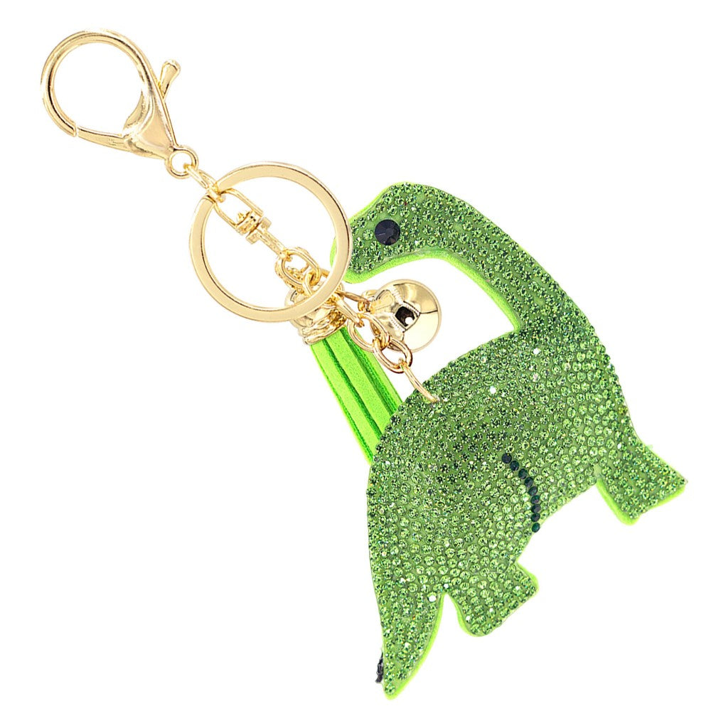 Rhinestone Studded Dinosaur Keychain With Tassel