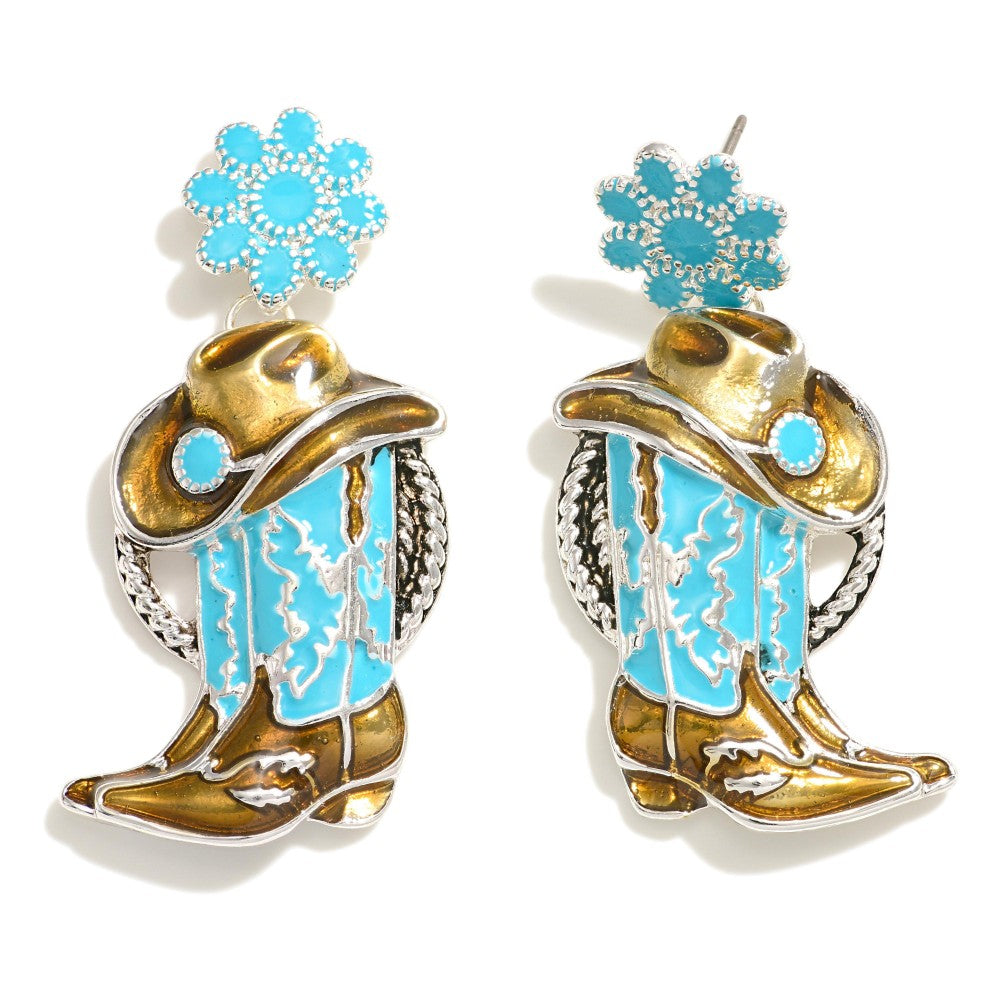 Silver Western Cowboy Hat and Boot Drop Earring With Conch Post