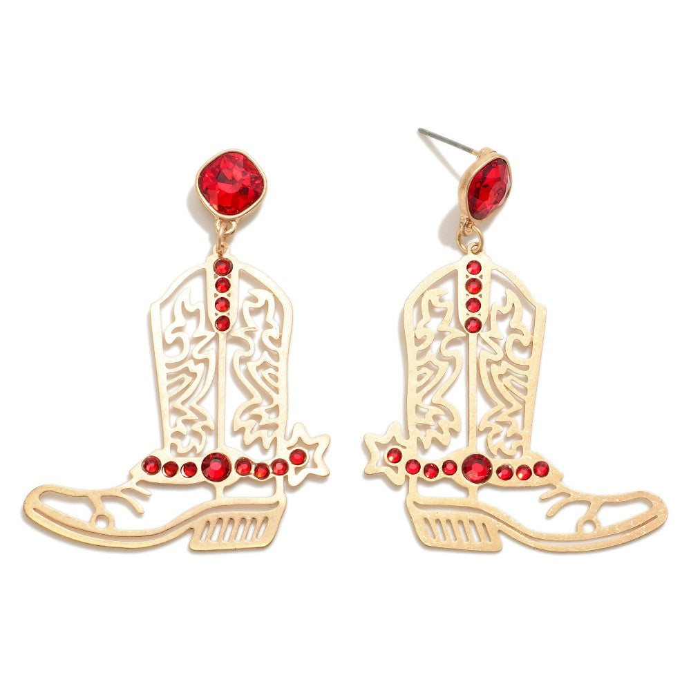 Western Gold Tone Laser Cut Cowboy Boot with Red Rhinestones