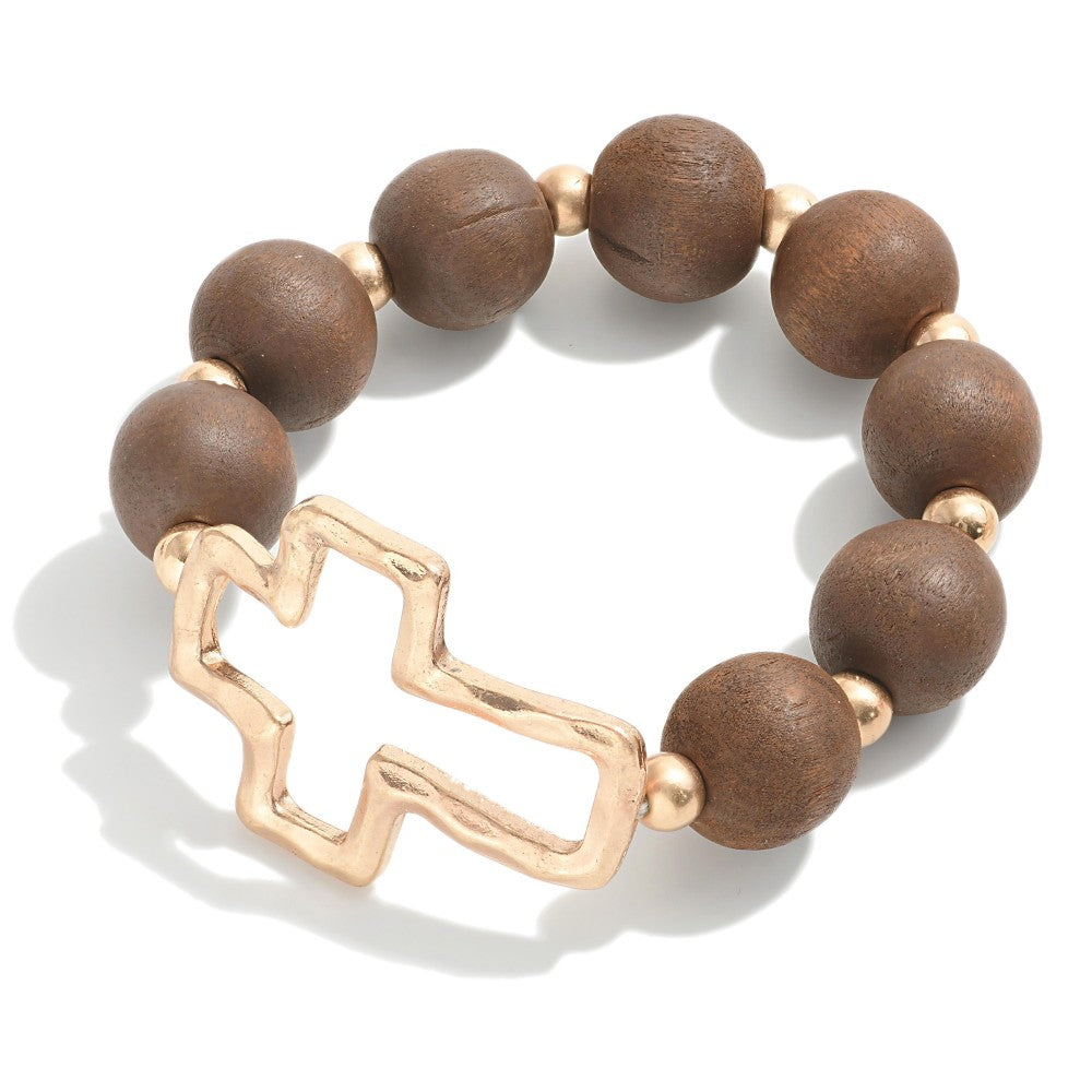 Wood Beaded Bracelet With Cross