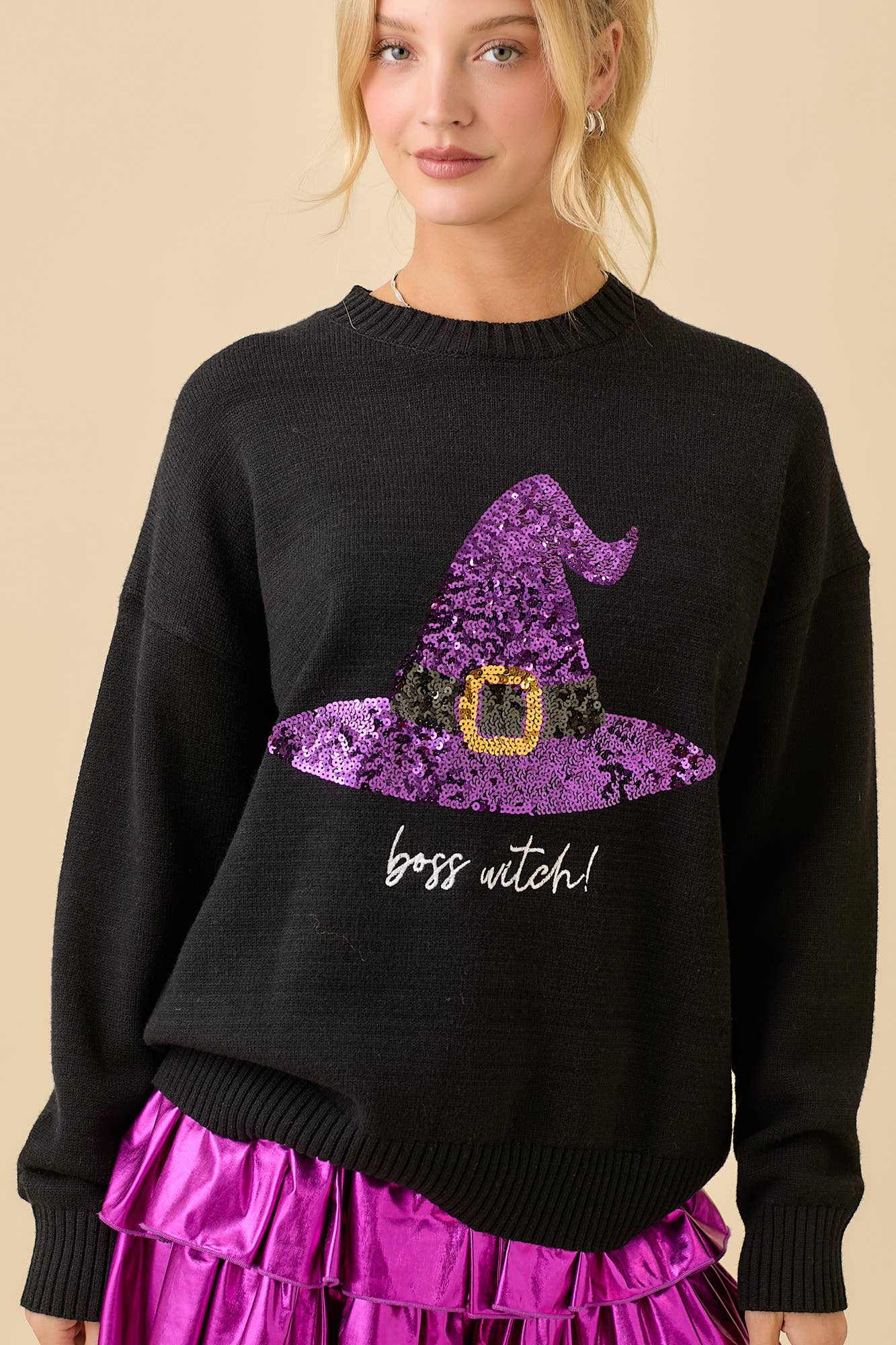 Sequin Halloween Witch Hat And Embroidery Sweater
