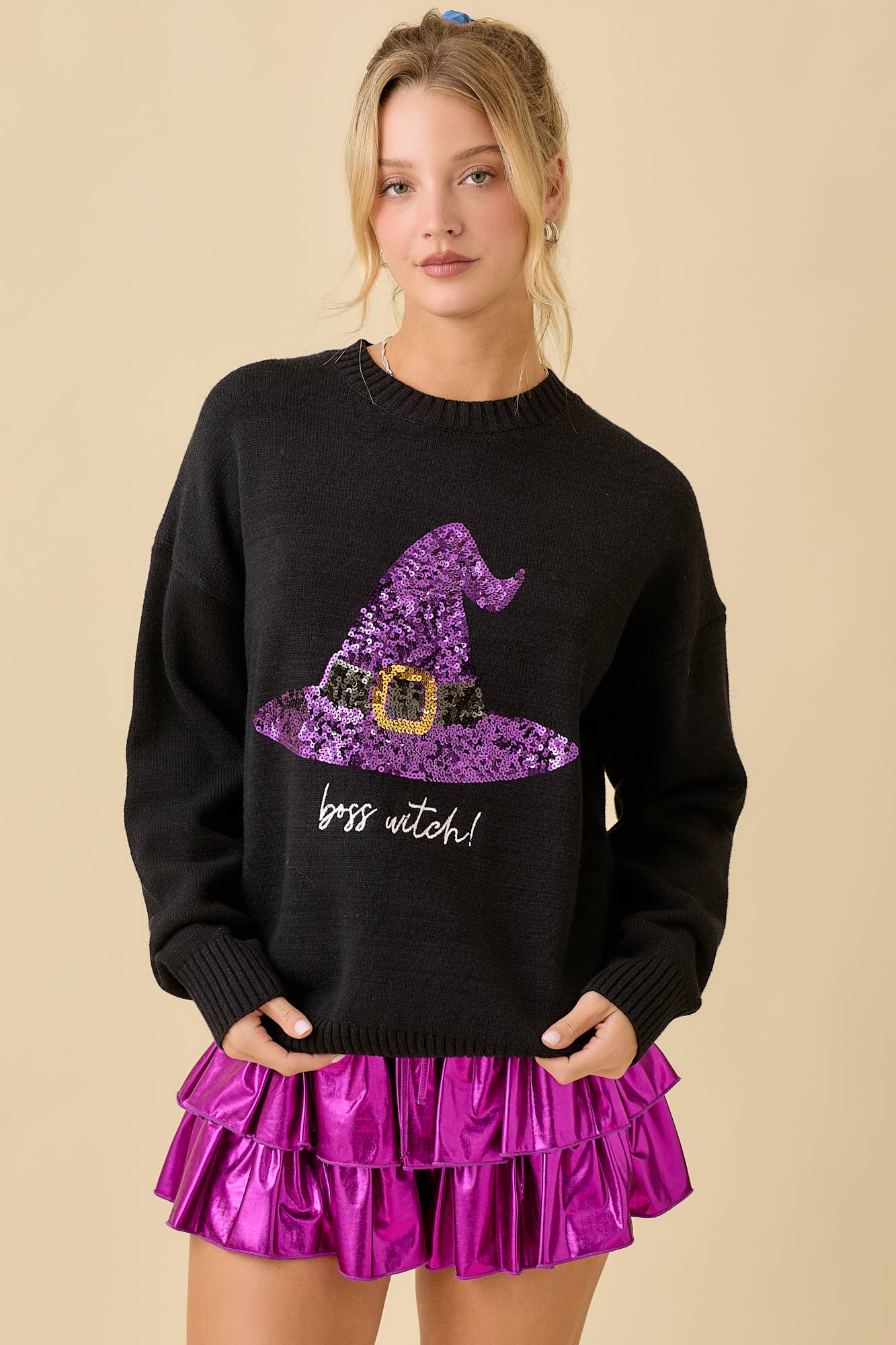 Sequin Halloween Witch Hat And Embroidery Sweater