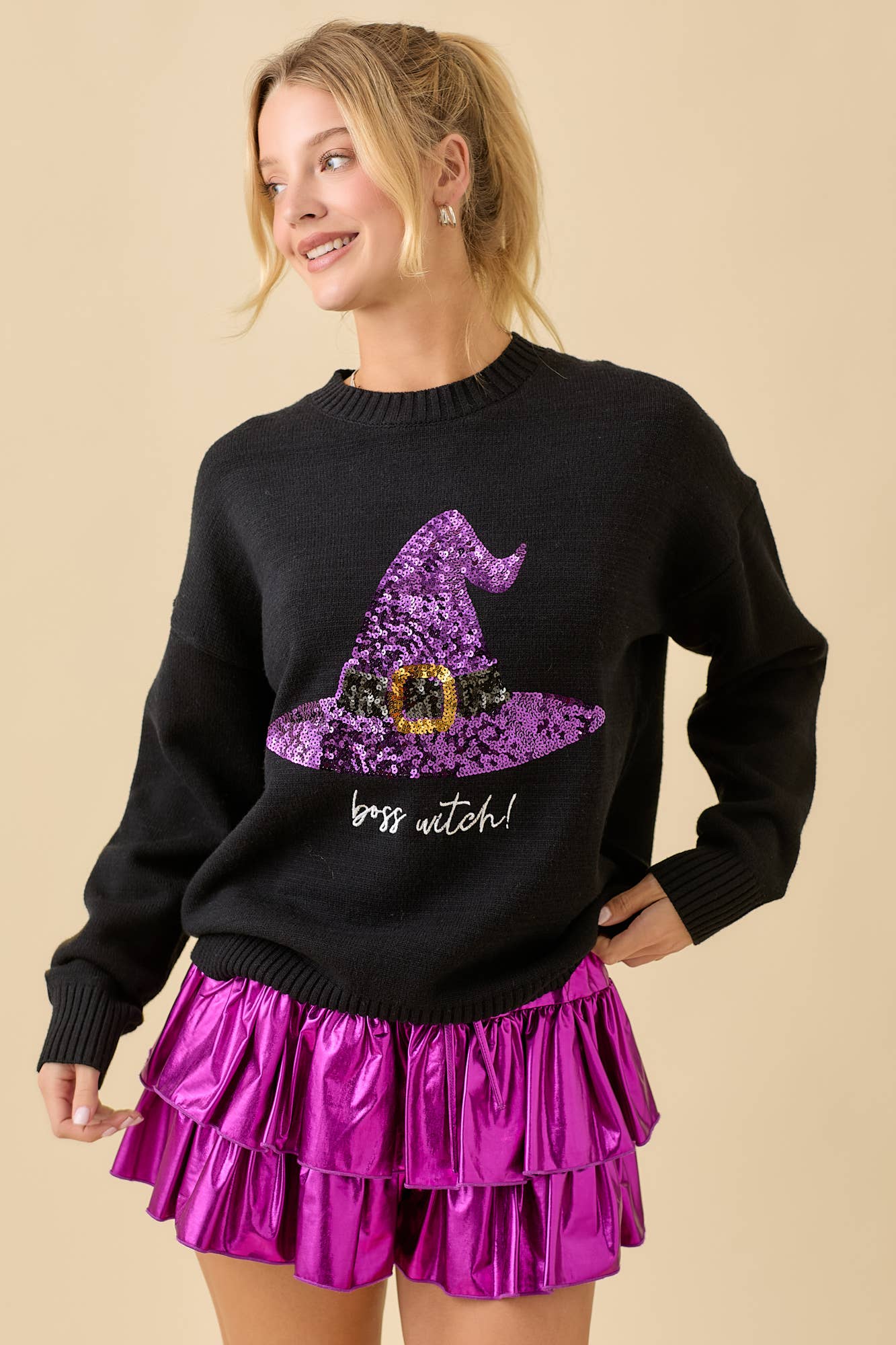 Sequin Halloween Witch Hat And Embroidery Sweater