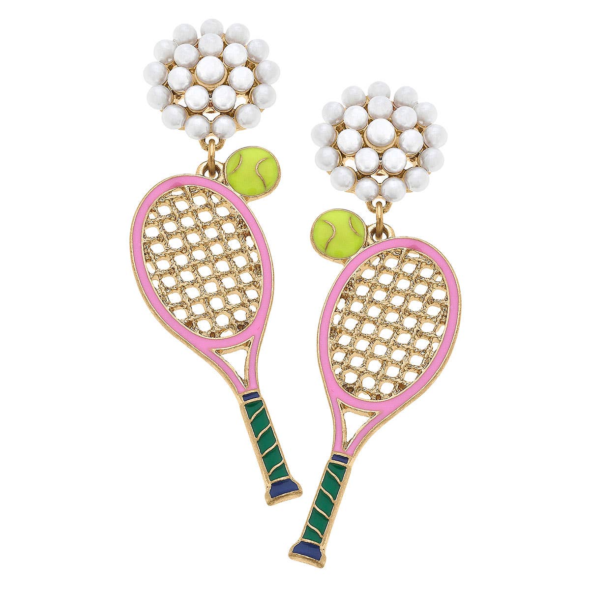Pearl Cluster Wilson Tennis Racket Enamel Earrings