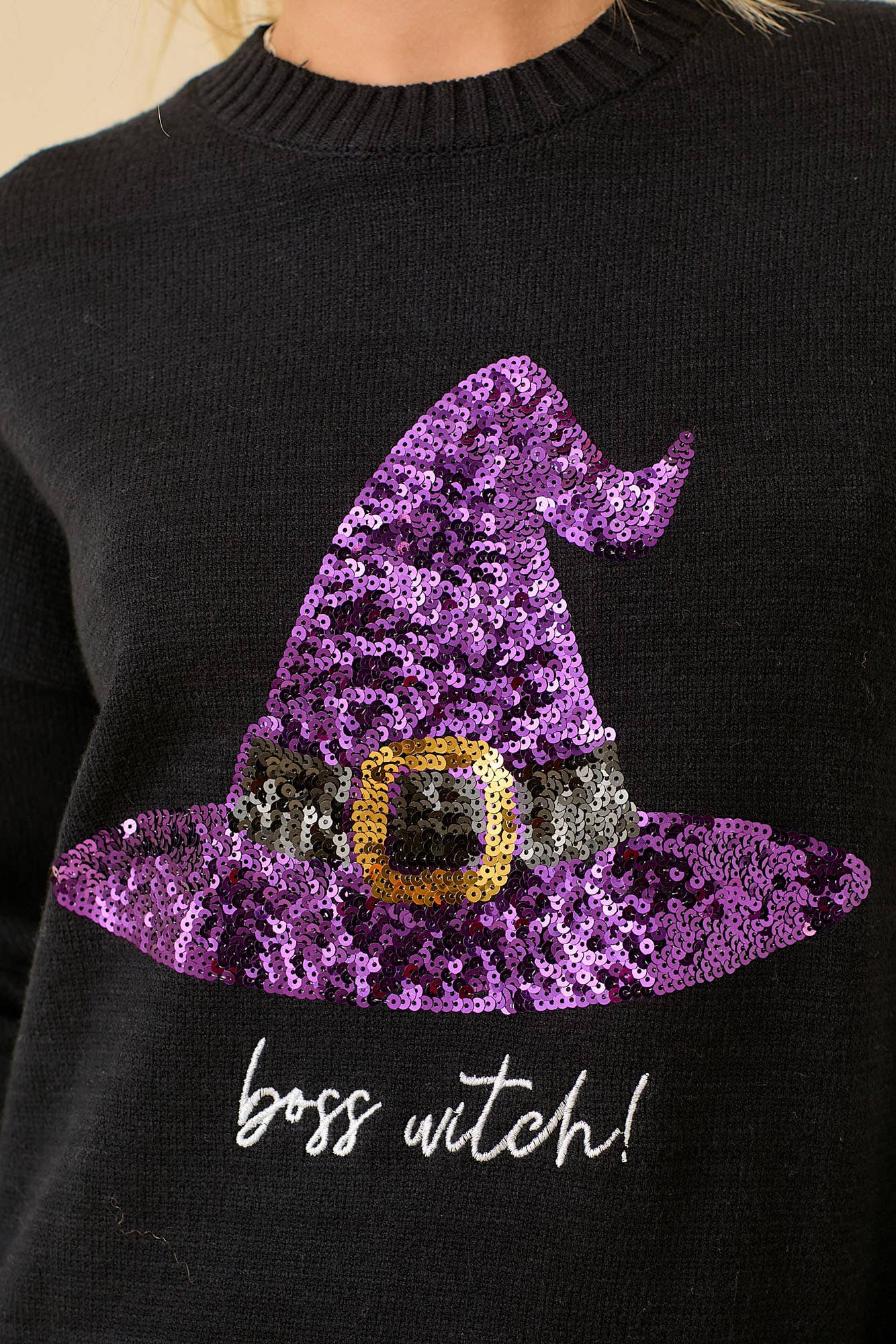 Sequin Halloween Witch Hat And Embroidery Sweater