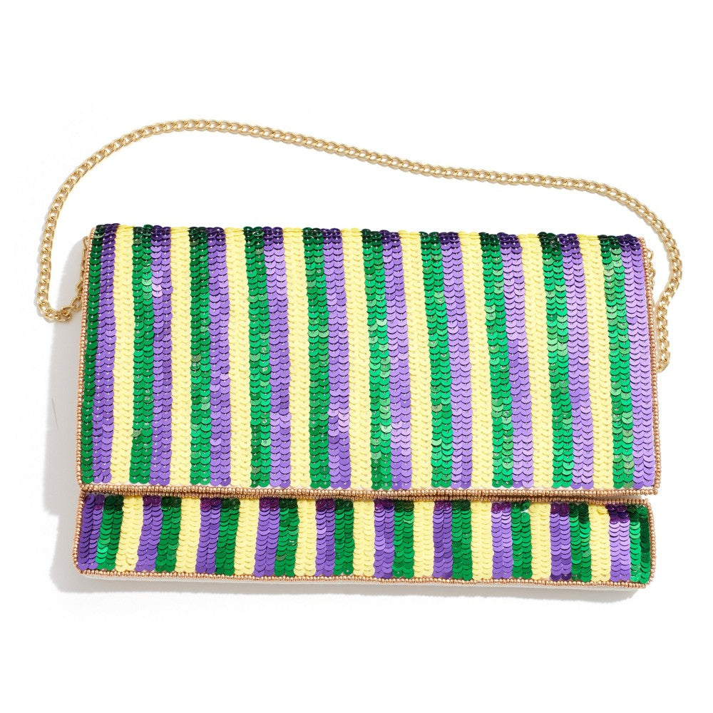 Mardi Gras Stripe Sequin Crossbody Handbag