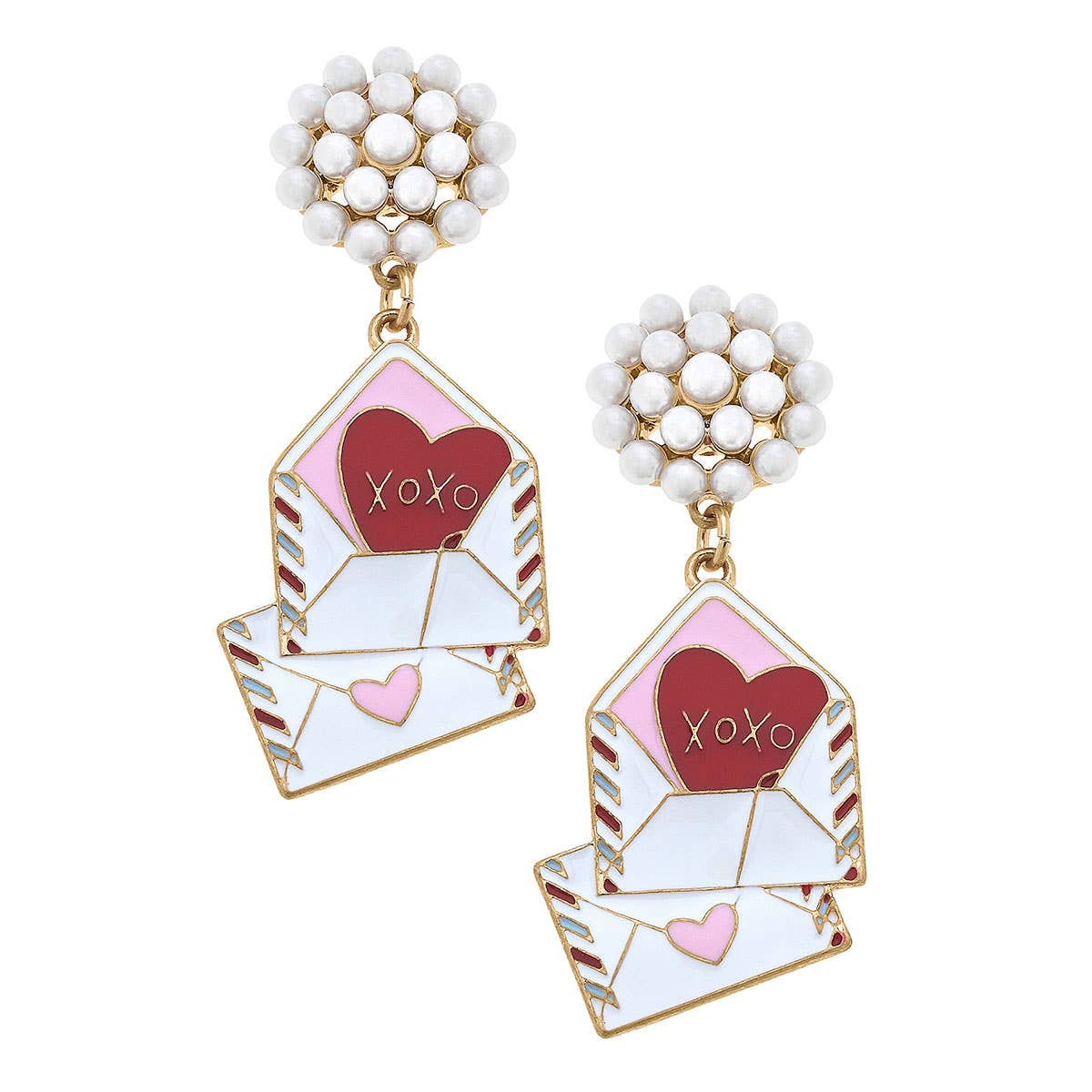 Pearl Cluster XOXO Enamel Love Note Earrings