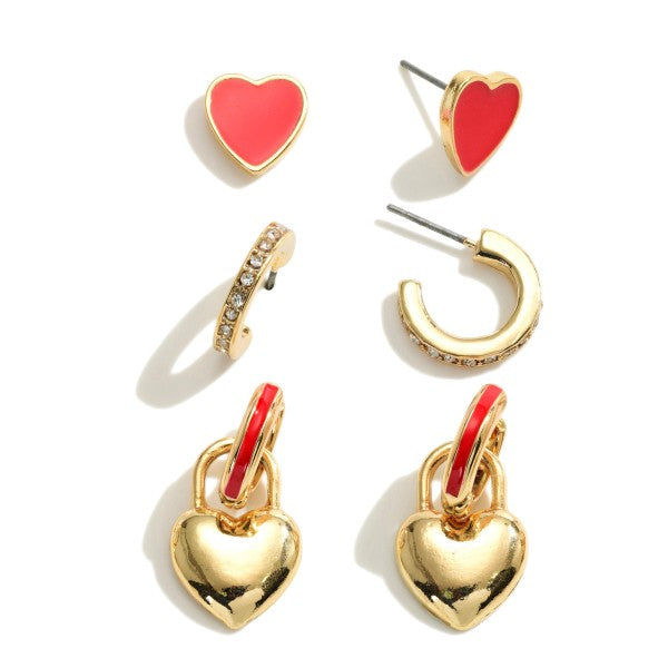 Set of Three Gold Toned Heart and Hoop Earrings