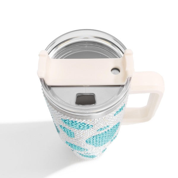 Teal Rhinestone Cow Print 40oz Double Wall Stainless Steel Vacuum Tumbler