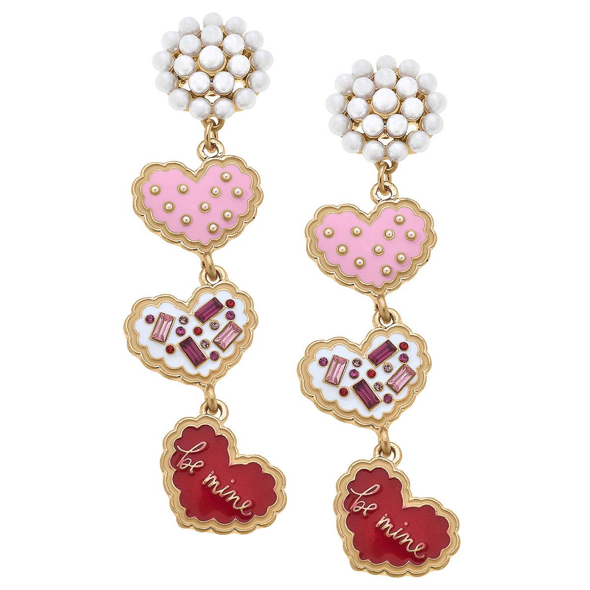 Pearl Cluster Valentine's Day Linked Heart Boxes Enamel Earrings