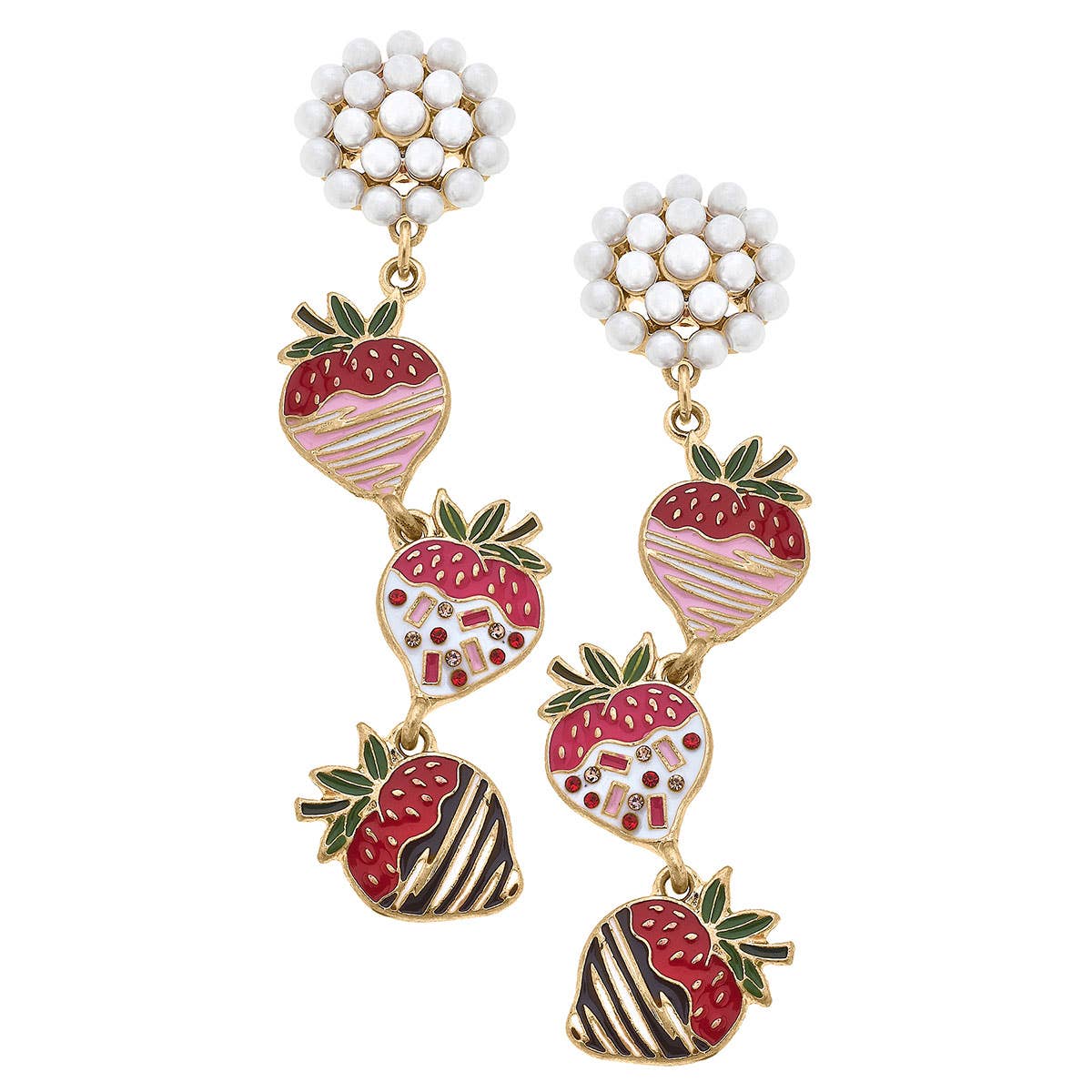 Pearl Cluster Tish Chocolate Covered Strawberries Linked Enamel Earrings