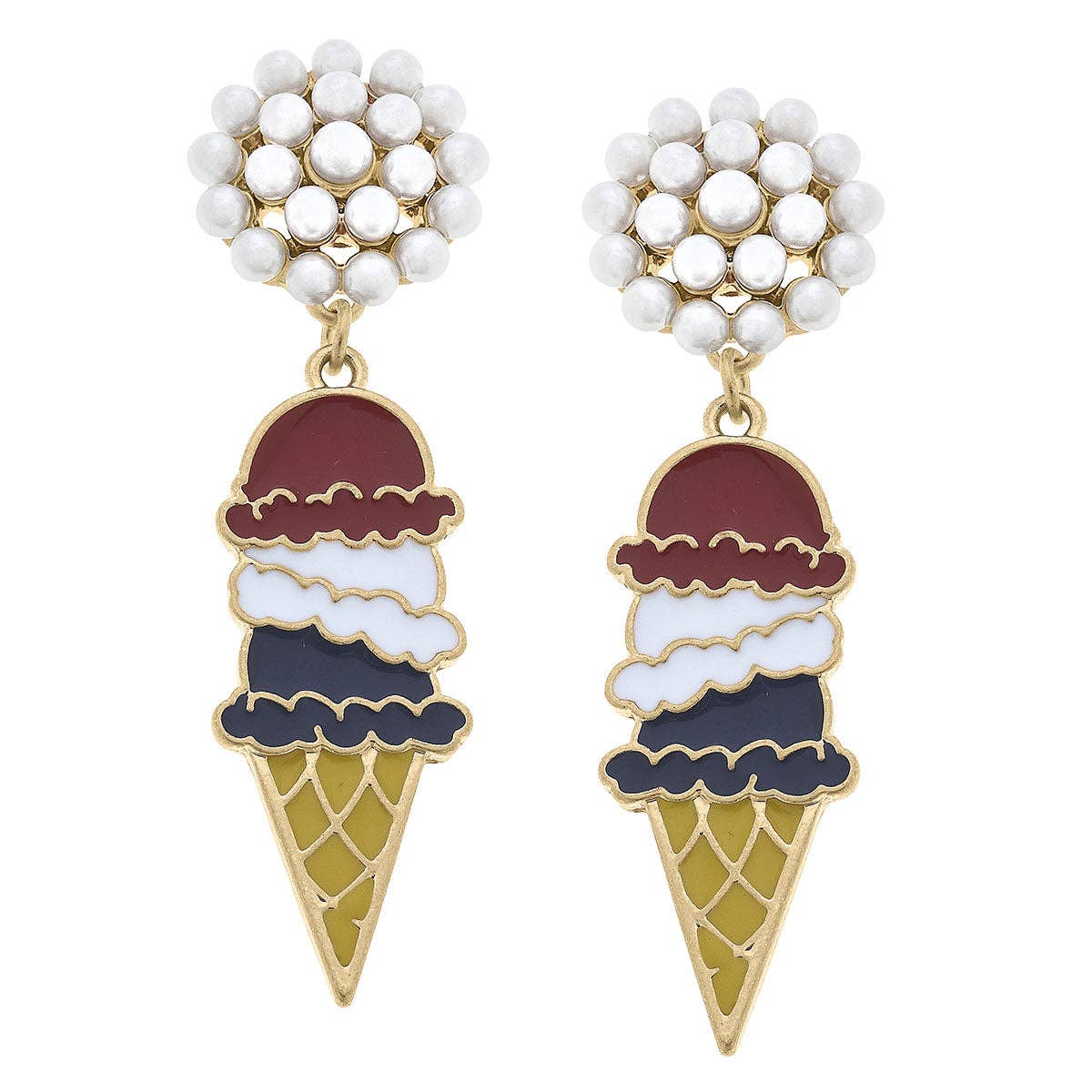 Pearl Cluster Enamel 4th of July Ice Cream Cone Earrings