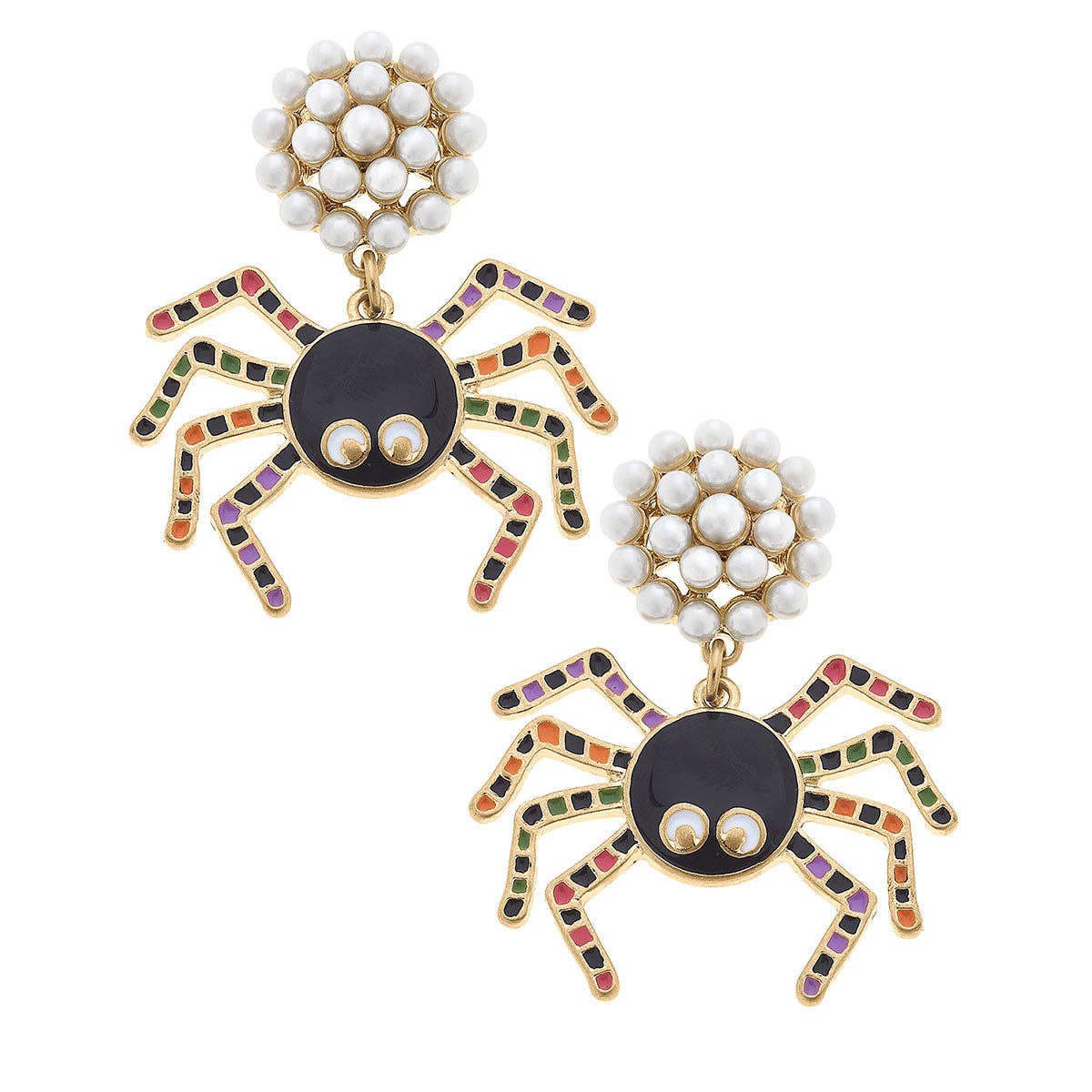 Halloween Pearl Cluster Enamel Spider Earrings