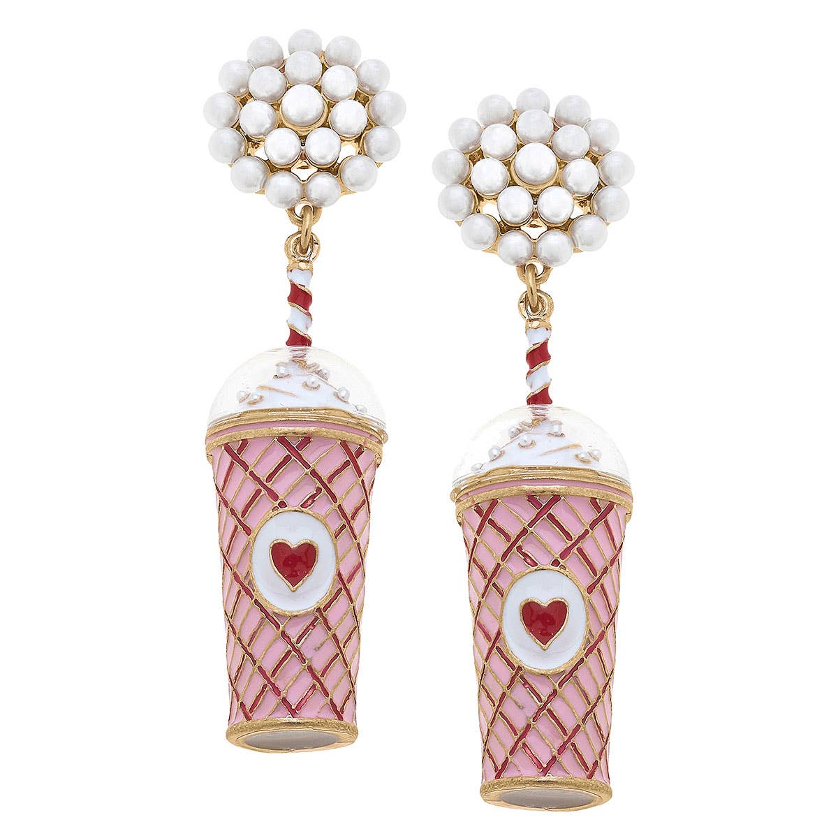 Pearl Cluster Heart Frappuccino Enamel Earrings
