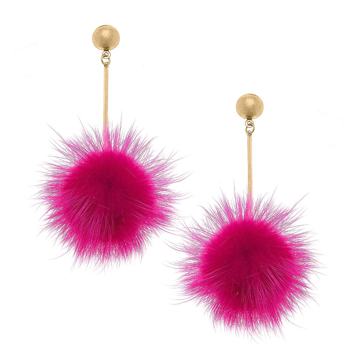 Faux Mink Pompom Drop Earrings Fuchsia