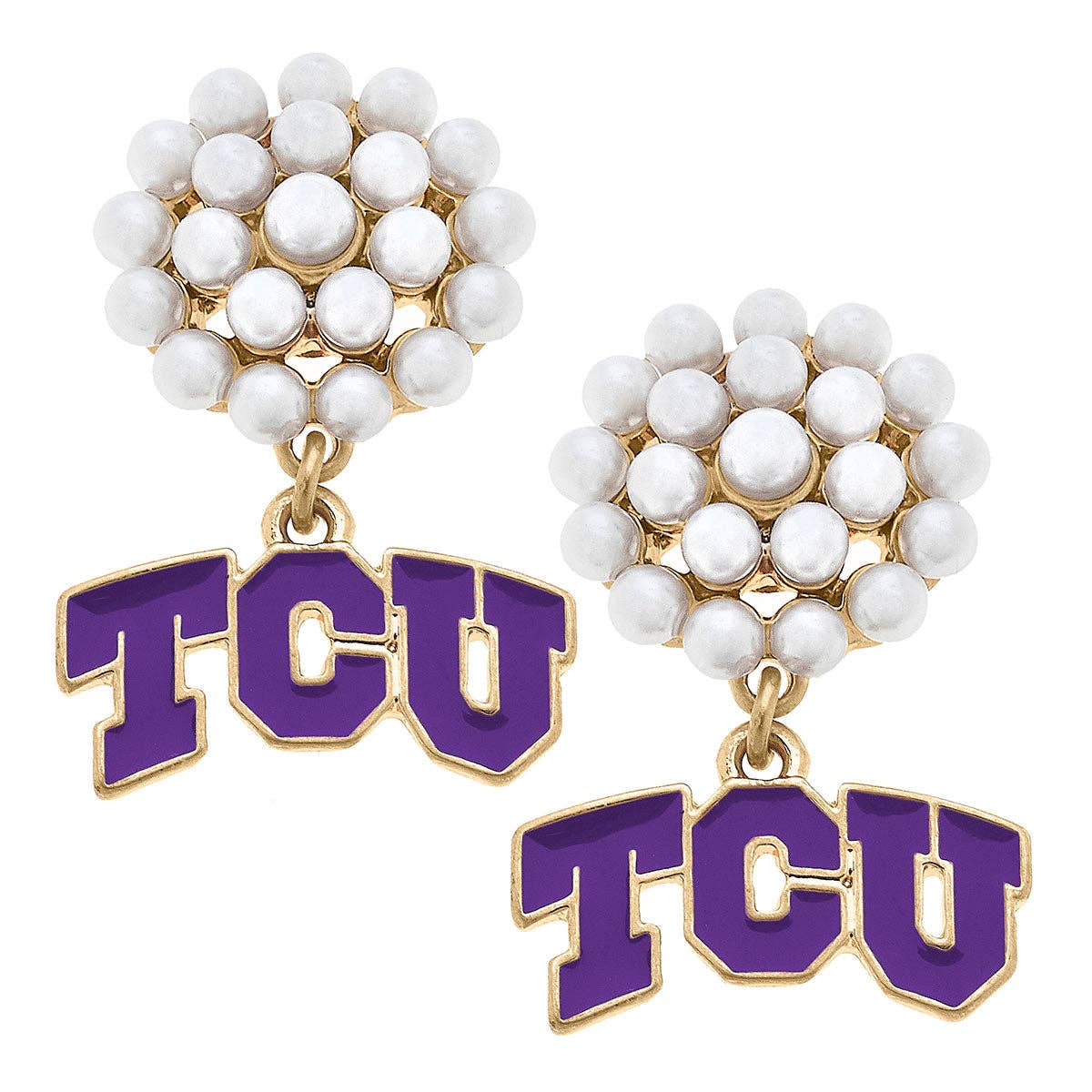 TCU Horned Frogs Pearl Cluster Enamel Drop Earrings
