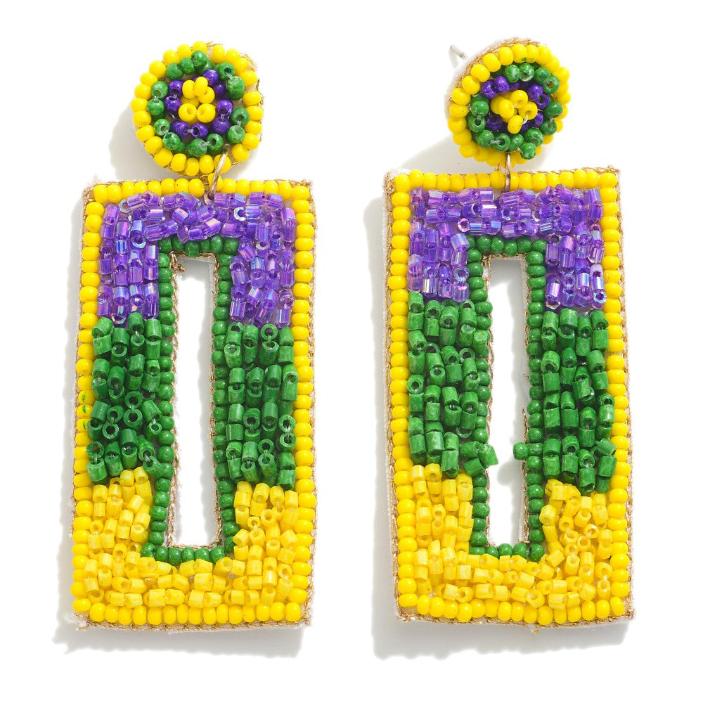 Rectangular Beaded Mardi Gras Earrings
