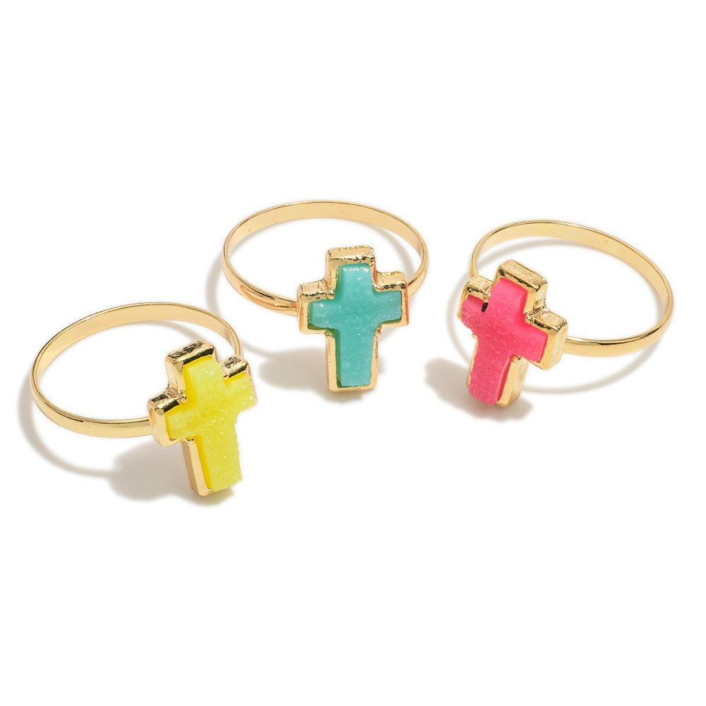 Set of 3 Druzy Cross Rings Color