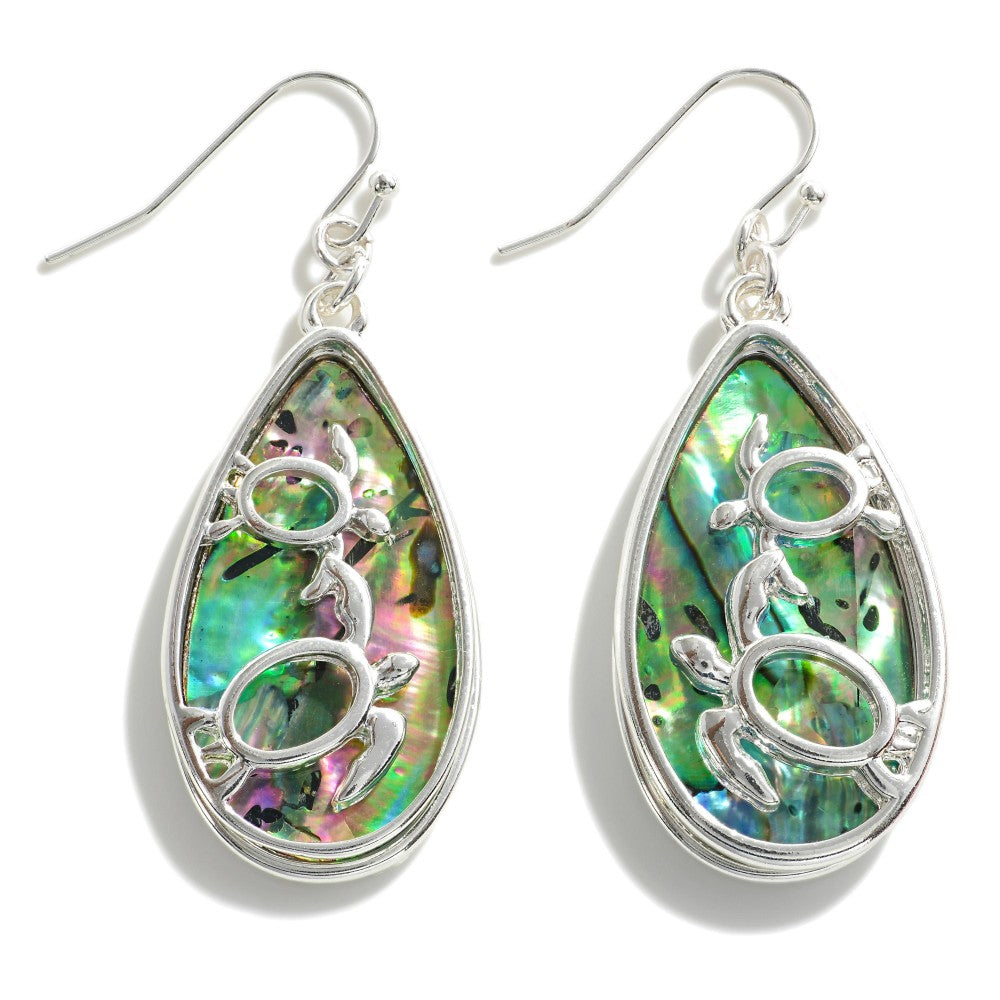 Mother of Pearl Teardrop Earrings with Metal Sea Turtle Overlay