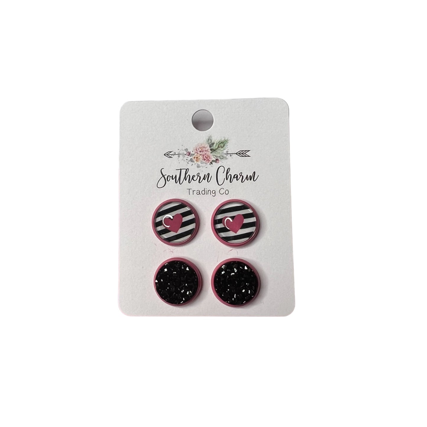 Heart & Black Druzy Stud Earrings