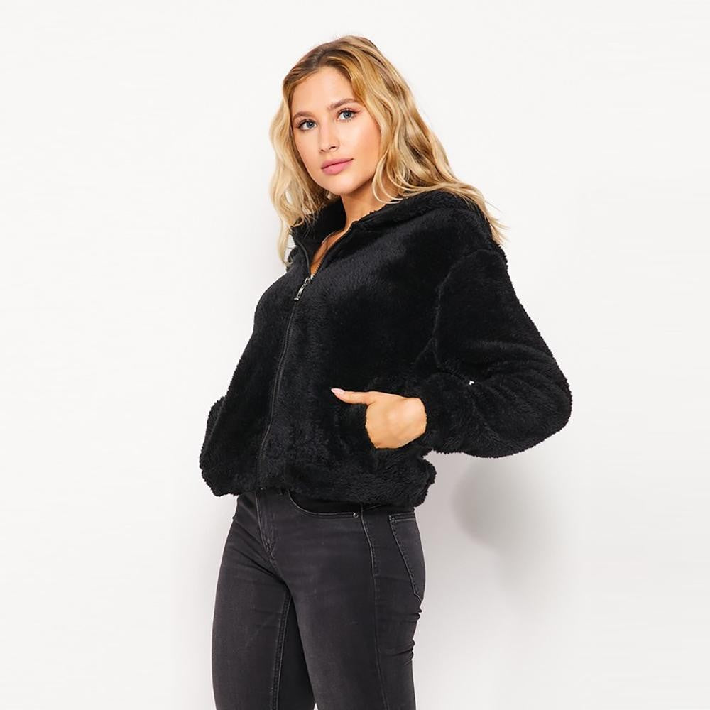 Black Hooded Sherpa Jacket With Pockets